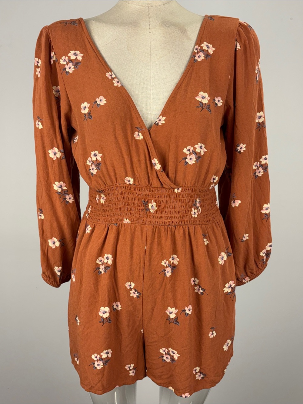 American Eagle Rust Orange Floral Smocked Waist Romper Size M